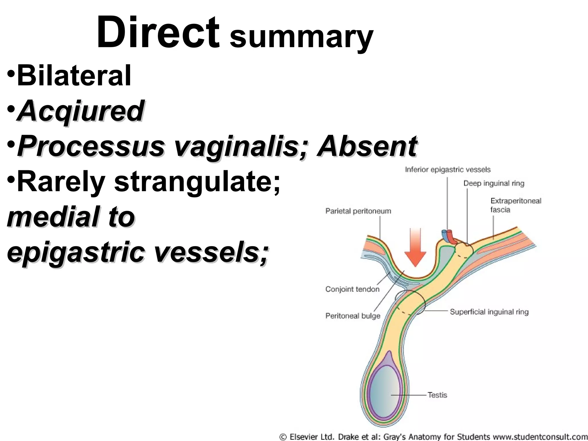 Direct summary
•Bilateral
•AcqiuredAcqiured
•Processus vaginalis;Processus vaginalis; AbsentAbsent
•Rarely strangulate;
medial tomedial to
epigastric vessels;epigastric vessels;
 