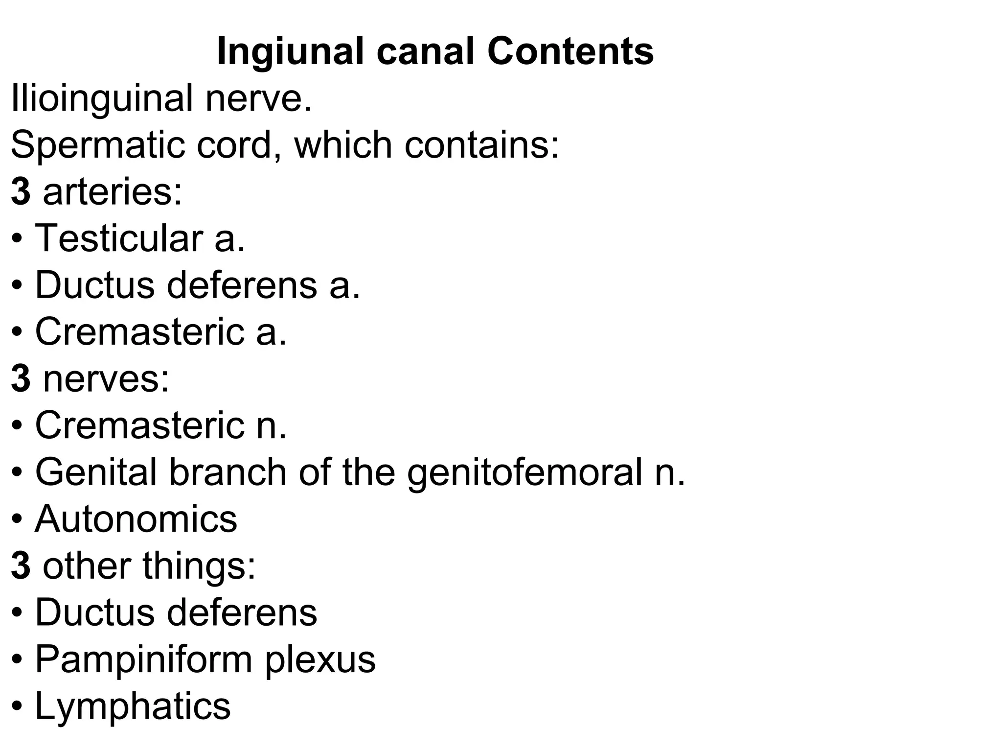 Ingiunal canal Contents
Ilioinguinal nerve.
Spermatic cord, which contains:
3 arteries:
• Testicular a.
• Ductus deferens a.
• Cremasteric a.
3 nerves:
• Cremasteric n.
• Genital branch of the genitofemoral n.
• Autonomics
3 other things:
• Ductus deferens
• Pampiniform plexus
• Lymphatics
 