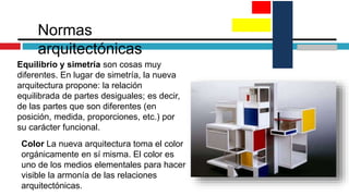 Normas
arquitectónicas
Equilibrio y simetría son cosas muy
diferentes. En lugar de simetría, la nueva
arquitectura propone: la relación
equilibrada de partes desiguales; es decir,
de las partes que son diferentes (en
posición, medida, proporciones, etc.) por
su carácter funcional.
Color La nueva arquitectura toma el color
orgánicamente en sí misma. El color es
uno de los medios elementales para hacer
visible la armonía de las relaciones
arquitectónicas.
 