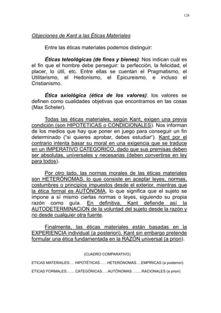 128
Objeciones de Kant a las Éticas Materiales
Entre las éticas materiales podemos distinguir:
Éticas teleológicas (de fines y bienes): Nos indican cuál es
el fin que el hombre debe perseguir: la perfección, la felicidad, el
placer, lo útil, etc. Entre ellas se cuentan el Pragmatismo, el
Utilitarismo, el Hedonismo, el Epicureismo, e incluso el
Cristianismo.
Ética axiológica (ética de los valores): los valores se
definen como cualidades objetivas que encontramos en las cosas
(Max Scheler).
Todas las éticas materiales, según Kant, exigen una previa
condición (son HIPOTETICAS o CONDICIONALES). Nos informan
de los medios que hay que poner en juego para conseguir un fin
determinado (“si quieres aprobar, debes estudiar“). Kant por el
contrario intenta basar su moral en una exigencia que se traduce
en un IMPERATIVO CATEGORICO, dado que sus premisas deben
ser absolutas, universales y necesarias (deben convertirse en ley
para todos).
Por otro lado, las normas morales de las éticas materiales
son HETERÓNOMAS, lo que consiste en aceptar leyes, normas,
costumbres o principios impuestos desde el exterior, mientras que
la ética formal es AUTÓNOMA, lo que significa que el sujeto se
impone a sí mismo ciertas normas o leyes, siguiendo su propia
razón como guía. En definitiva, Kant defiende así la
AUTODETERMINACION de la voluntad del sujeto desde la razón y
no desde cualquier otra fuente.
Finalmente, las éticas materiales están basadas en la
EXPERIENCIA individual (a posteriori). Kant sin embargo pretende
formular una ética fundamentada en la RAZÓN universal (a priori).
(CUADRO COMPARATIVO)
ETICAS MATERIALES:… HIPOTÉTICAS……HETERÓNOMAS….EMPÍRICAS (a posteriori)
ETICAS FORMALES:....…CATEGÓRICAS.….AUTÓNOMAS…......RACIONALES (a priori)
 