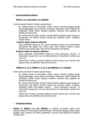 Elbira Zipitria ikastexea-Hizkuntza Proiektua                     2011-2012 ikasturtea



 Kurtso-hasierako bilerak

   HHko 3.-4.-5. eta LHko 1.-2. mailetan

Kurtso-hasierako bilerak bi fasetan egingo ditugu:
      A.- Mailako bilerak bi hizkuntzetan eskaini nahian, tutoreek bi bilera egingo
      dituzte aldi berean: bata, euskaraz, eta bestea, gaztelaniaz, bietan mailako edo
      ikastetxeko nondik norako nagusiak azaltzeko. Gurasoen esku geldituko da
      haietako zeinetara joan.
      B.- Aurreko bilerak amaitu ondoren, familia bakoitza dagokion gelara joango da
      tutorearekin, eta taldeari buruzko hainbat gai aztertuko dituzte: ordutegia,
      irakasle-taldea…
   Euskaraz egiten dutenen taldeetan
      Bilera EUSKARAZ egingo da, eta, guraso erdaldunik egonez gero, gaztelaniazko
      laburpentxo bat egingo zaio. Horrez gain, bilera bukatu ondoren, aukera
      eskainiko zaio zerbait argitu nahi duenari tutorearekin hitz egiteko.
  Euskaraz egiten ez dutenen taldeetan
      Bilera, gehienbat, GAZTELANIAZ egingo da, baina aurkezpena, agurrak… bi
      hizkuntzetan egingo dira, bai eta dokumentazioa bi hizkuntzetan aurkeztu eta
      eman ere.
      Gelako bilera horietan, gurasoek galderak euskaraz eginez gero, tutoreak itzuli
      egingo lituzke, bai galderak, baita erantzunak ere.

   LMHko 3.-4.-5.-6., DBHko 1.-2.-3.-4. eta DBHOko 1.-2. mailetan

Kurtso-hasierako bilerak bi fasetan egingo ditugu:
       A.- Mailako bilerak bi hizkuntzetan eskaini nahian, tutoreek bi bilera egingo
       dituzte aldi berean: bata, euskaraz, eta bestea, gaztelaniaz, bietan mailako edo
       ikastetxeko nondik norako nagusiak azaltzeko. Gurasoen esku geldituko da
       haietako zeinetara joan.
       B.- Aurreko bilerak amaitu ondoren, familia bakoitza dagokion gelara joango da
       tutorearekin, eta taldeari buruzko hainbat gai aztertuko dituzte: ordutegia,
       irakasleak, taldea nola dagoen osatuta…; baina aurkezpena, agurrak… bi
       hizkuntzetan egingo dira, bai eta dokumentazioa bi hizkuntzetan aurkeztu eta
       eman ere.
       Gelako bilera horietan, gurasoek galderak euskaraz eginez gero, tutoreak itzuli
       egingo lituzke, bai galderak, baita erantzunak ere.



 Orientazio-bilerak

LMHko 6., DBHko 3.-4. eta DBHOko 1. mailetan gurasoekin egiten diren
orientazio-bilerak bi hizkuntzetan eskainiko ditugu. Horretarako, jarraian egingo ditugu
bi bilera: bata, euskaraz, eta bestea, gaztelaniaz. Gurasoen esku geldituko da haietako
zeinetara joan.
 