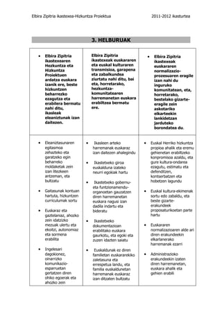 Elbira Zipitria ikastexea-Hizkuntza Proiektua                        2011-2012 ikasturtea




                                  3. HELBURUAK

   •   Elbira Zipitria            Elbira Zipitria                •    Elbira Zipitria
       ikastexearen               ikastexeak euskararen               ikastexeak
       Hezkuntza eta              eta euskal kulturaren               euskararen
       Hizkuntza                  transmisioa, garapena               normalizazio-
       Proiektuen                 eta zabalkundea                     prozesuaren eragile
       ardatza euskara            ziurtatu nahi ditu, bai             izan nahi du
       izanik ere, beste          eta, horretarako,                   inguruko
       hizkuntzen                 hezkuntza-                          komunitatean, eta,
       beharrezko                 komunitatearen                      horretarako,
       ezagutza eta               harremanetan euskara                bestelako gizarte-
       erabilera bermatu          erabiltzea bermatu                  eragile zein
       nahi ditu,                 ere.                                askotariko
       ikasleak                                                       elkarteekin
       eleaniztunak izan                                              lankidetzan
       daitezen.                                                      jarduteko
                                                                      borondatea du.


   •   Eleaniztasunaren       •    Ikasleen arteko           •       Euskal Herriko hizkuntza
       egitasmoa                  harremanak euskaraz                propioa ahalik eta eremu
       zehazteko eta              izan daitezen ahalegindu           gehienetan erabiltzeko
       garatzeko egin                                                konpromisoa azaldu, eta
       beharreko              •    Ikastetxeko giroa                 gure kultura-ondarea
       moldaketak zein            euskalduna izateko                 ezagutu, estimatu eta
       izan litezkeen             neurri egokiak hartu               defenditzen,
       antzeman, eta                                                 kontserbatzen eta
       bultzatu               •    Ikastetxeko gobernu-              hobetzen lagundu
                                  eta funtzionamendu-
   •   Gaitasunak kontuan         organoetan gauzatzen       •       Euskal kultura-ekimenak
       hartuta, hizkuntzen        diren harremanetan                 sortu edo zabaldu, eta
       curriculumak sortu         euskara nagusi izan                beste gizarte-
                                  dadila indartu eta                 erakundeek
   •   Euskaraz eta               bideratu                           proposaturikoetan parte
       gaztelaniaz, ahozko                                           hartu
       zein idatzizko         •    Ikastetxeko
       mezuak ulertu eta          dokumentazioan             •       Euskararen
       ekoitzi, autonomiaz        erabilitako euskara                normalizazioaren alde ari
       eta sormena                gaurkotu, eta egoki eta            diren erakundeekin
       erabilita                  zuzen idazten saiatu               elkarlanerako
                                                                     harremanak ezarri
   •   Ingelesari             •    Euskaldunak ez diren
       dagokionez,                familietan euskararekiko   •       Administrazioko
       oinarrizko                 zaletasuna eta                     erakundeekin izaten
       komunikazio-               errespetua landu, eta              diren harremanetan,
       esparruetan                familia euskaldunetan              euskara ahalik eta
       gertatzen diren            harremanak euskaraz                gehien erabili
       ohiko egoerak eta          izan ditzaten bultzatu
       ahozko zein
 