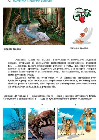 Векторна графіка
34 І МИСТЕЦТВО В ПРОСТОРІ КУЛЬТУРИ
Растрова графіка
Останнім часом усе більшої популярності набувають художні
образи, отримані за допомогою тривимірної комп'ютерної графіки
(3D). Перевага такого зображення полягає в тому, що воно створює
ілюзію об'єму, простору, подібного до реального. Тривимірна графіка
активно застосовується в мультиплікації, кінематографі, телебаченні,
комп'ютерних іграх.
Художня робота на комп'ютері — це швидкість створення гра-
фічного образу, нові можливості варіювати зображення, переміщувати
його по робочій площині, збільшувати або зменшувати, вдосконалювати
за допомогою спеціальних редакторів.
Приклади 30-графіки: а — комп'ютерна гра, б — кадр із науково-популярного фільму
«Прогулянки з динозаврами», в — кадр із мультиплікаційного фільму «Мадагаскар»
а б в
 
