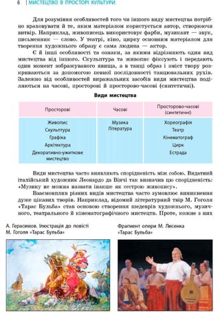 6 І МИСТЕЦТВО В ПРОСТОРІ КУЛЬТУРИ
Для розуміння особливостей того чи іншого виду мистецтва потріб-
но враховувати й те, яким матеріалом користується автор, створюючи
витвір. Наприклад, живописець використовує фарби, музикант — звук,
письменник — слово. У театрі, кіно, цирку основним матеріалом для
творення художнього образу є сама людина — актор.
Є й інші особливості та ознаки, за якими відрізняють один вид
мистецтва від іншого. Скульптура та живопис фіксують і передають
один момент зображуваного явища, а в танці образ і зміст твору роз-
криваються за допомогою певної послідовності танцювальних рухів.
Залежно від особливостей виражальних засобів види мистецтва поді-
ляються на часові, просторові й просторово-часові (синтетичні).
Види мистецтва
Просторові Часові
Просторово-часові
(синтетичні)
Живопис
Скульптура
Графіка
Архітектура
Декоративно-ужиткове
мистецтво
Музика
Література
Хореографія
Театр
Кінематограф
Цирк
Естрада
Види мистецтва часто виявляють спорідненість між собою. Видатний
італійський художник Леонардо да Вінчі так визначив цю спорідненість:
«Музику не можна назвати інакше як сестрою живопису».
Взаємовплив різних видів мистецтва часто зумовлює виникнення
дуже цікавих творів. Наприклад, відомий літературний твір М. Гоголя
«Тарас Бульба» став основою створення шедеврів художнього, музич-
ного, театрального й кінематографічного мистецтв. Проте, кожне з них
А. Герасимов. Ілюстрація до повісті Фрагмент опери М. Лисенка
М. Гоголя «Тарас Бульба» «Тарас Бульба»
 
