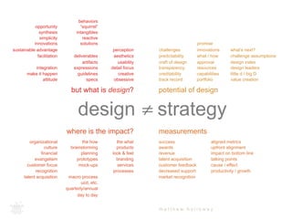 behaviors 
intangibles 
what / how 
design + strategy 
measurements 
m a t t h e w h o l l o w a y 
but what is design? 
where is the impact? 
potential of design 
deliverables 
simplicity 
integration 
make it happen 
attitude 
“squirrel” 
reactive 
solutions 
artifacts 
expressions 
guidelines 
opportunity 
synthesis 
innovations 
sustainable advantage 
challenges 
predictability 
transparency 
creditability 
craft of design 
what’s next? 
challenge assumptions 
design index 
little d / big D 
promise 
innovations 
approval 
resources 
design leaders 
planning 
macro process 
ucd, etc. 
quarterly/annual 
day to day 
organizational 
culture 
financial 
evangelism 
the what 
products 
branding 
services 
look & feel 
the how 
brainstorming 
prototypes 
mock-ups 
processes 
talent acquisition 
aligned metrics 
upfront alignment 
talking points 
impact on bottom line 
success 
awards 
revenue 
talent acquisition 
perception 
aesthetics 
usability 
detail focus 
specs 
capabilities 
track record portfolio 
customer feedback cause / effect 
decreased support 
market recognition 
productivity / growth 
creative 
obsessive 
facilitation 
customer focus 
recognition 
≠ 
value creation 
 