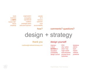 how? comments? questions? 
design + 
× strategy 
design yourself 
intention 
c-level 
sponsor 
contribution 
reputation 
creditability 
m a t t h e w h o l l o w a y 
iterations 
deliver 
team 
impact 
network 
POV 
why / when 
what / how 
roger martin 
executiveness 
process focus presence 
outcomes 
design council 
organization 
evangelize 
operational 
coalition 
tools 
business 
cases 
analytics 
market 360° 
nexus 
people 
do it 
mentors 
optimism 
prototype plans trust 
simplicity accountability 
thank you 
executive sponsor 
matthew@matthewholloway.com 
 