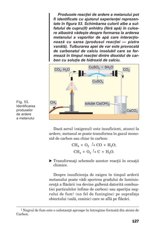 127
Produsele reacţiei de ardere a metanului pot
fi identificate cu ajutorul experienţei reprezen-
tate în figura 53. Schimbarea culorii albe a sul-
fatului de cupru(II) anhidru (fără apă) în culoa-
re albastră vădeşte despre formarea la arderea
metanului a vaporilor de apă care interacţio-
nează cu sarea (produsul reacţiei — piatra
vanătă). Tulburarea apei de var este provocată
de carbonatul de calciu insolubil care se for-
mează în timpul reacţiei dintre dioxidul de car-
bon cu soluţia de hidroxid de calciu.
Fig. 53.
Identificarea
produselor
de ardere
a metanului
Dacă aerul (oxigenul) este insuficient, atunci la
ardere, metanul se poate transforma în gazul mono-
xid de carbon sau chiar în carbon:
t
СН4 + О2 → СО + Н2О;
t
СН4 + О2 → С + Н2О.
u Transformaţi schemele acestor reacţii în ecuaţii
chimice.
Despre insuficienţa de oxigen în timpul arderii
metanului poate vădi sporirea gradului de luminis-
cenţă a flăcării (ea devine galbenă datorită combus-
tiei particulelor înfime de carbon) sau apariţia neg-
rului de fum1 (un fel de funingine) pe suprafaţa
obiectului (oală, ceainic) care se află pe flăcări.
1 Negrul de fum este o substanţă aproape în întregime formată din atomi de
Carbon.
CO2, H2O CO2
CuSO4
CH4
CaCO3
soluţie Ca(OH)2
CuSO4 • 5H2O
 