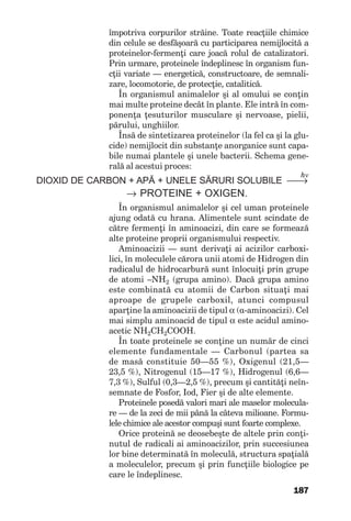 187
împotrivacorpurilorstrăine.Toatereacţiilechimice
dincelulesedesfăşoarăcuparticipareanemijlocităa
proteinelor-fermenţicarejoacăroluldecatalizatori.
Prinurmare,proteineleîndeplinescînorganismfun-
cţiivariate—energetică,constructoare,desemnali-
zare,locomotorie,deprotecţie,catalitică.
Înorganismulanimalelorşialomuluiseconţin
maimulteproteinedecâtînplante.Eleintrăîncom-
ponenţaţesuturilormusculareşinervoase,pielii,
părului,unghiilor.
Însădesintetizareaproteinelor(lafelcaşilaglu-
cide)nemijlocitdinsubstanţeanorganicesuntcapa-
bilenumaiplanteleşiunelebacterii.Schemagene-
ralăalacestuiproces:
hν
DIOXID DE CARBON + APĂ + UNELE SĂRURI SOLUBILE →
→ PROTEINE + OXIGEN.
Înorganismulanimalelorşicelumanproteinele
ajungodatăcuhrana.Alimentelesuntscindatede
cătrefermenţiînaminoacizi,dincareseformează
alteproteinepropriiorganismuluirespectiv.
Aminoacizii—suntderivaţiaiacizilorcarboxi-
lici,înmoleculelecărorauniiatomideHidrogendin
radicaluldehidrocarburăsuntînlocuiţipringrupe
deatomi–NH2 (grupaamino).Dacăgrupaamino
este combinată cu atomii de Carbon situaţi mai
aproape de grupele carboxil, atunci compusul
aparţinelaaminoaciziidetipulα (α-aminoacizi).Cel
maisimpluaminoaciddetipulα esteacidulamino-
aceticNH2CH2COOH.
Întoateproteineleseconţineunnumărdecinci
elemente fundamentale — Carbonul (partea sa
demasăconstituie50—55%),Oxigenul(21,5—
23,5%),Nitrogenul(15—17%),Hidrogenul(6,6—
7,3%),Sulful(0,3—2,5%),precumşicantităţineîn-
semnatedeFosfor,Iod,Fierşidealteelemente.
Proteineleposedăvalorimarialemaselormolecula-
re—delazecidemiipânălacâtevamilioane.Formu-
lelechimicealeacestorcompuşisuntfoartecomplexe.
Oriceproteinăsedeosebeştedealteleprinconţi-
nutulderadicaliaiaminoacizilor,prinsuccesiunea
lorbinedeterminatăînmoleculă,structuraspaţială
amoleculelor,precumşiprinfuncţiilebiologicepe
careleîndeplinesc.
 