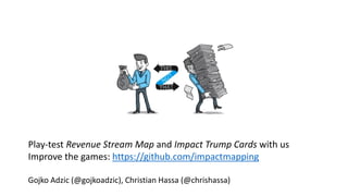 Play-test Revenue Stream Map and Impact Trump Cards with us
Improve the games: https://github.com/impactmapping
Gojko Adzic (@gojkoadzic), Christian Hassa (@chrishassa)
