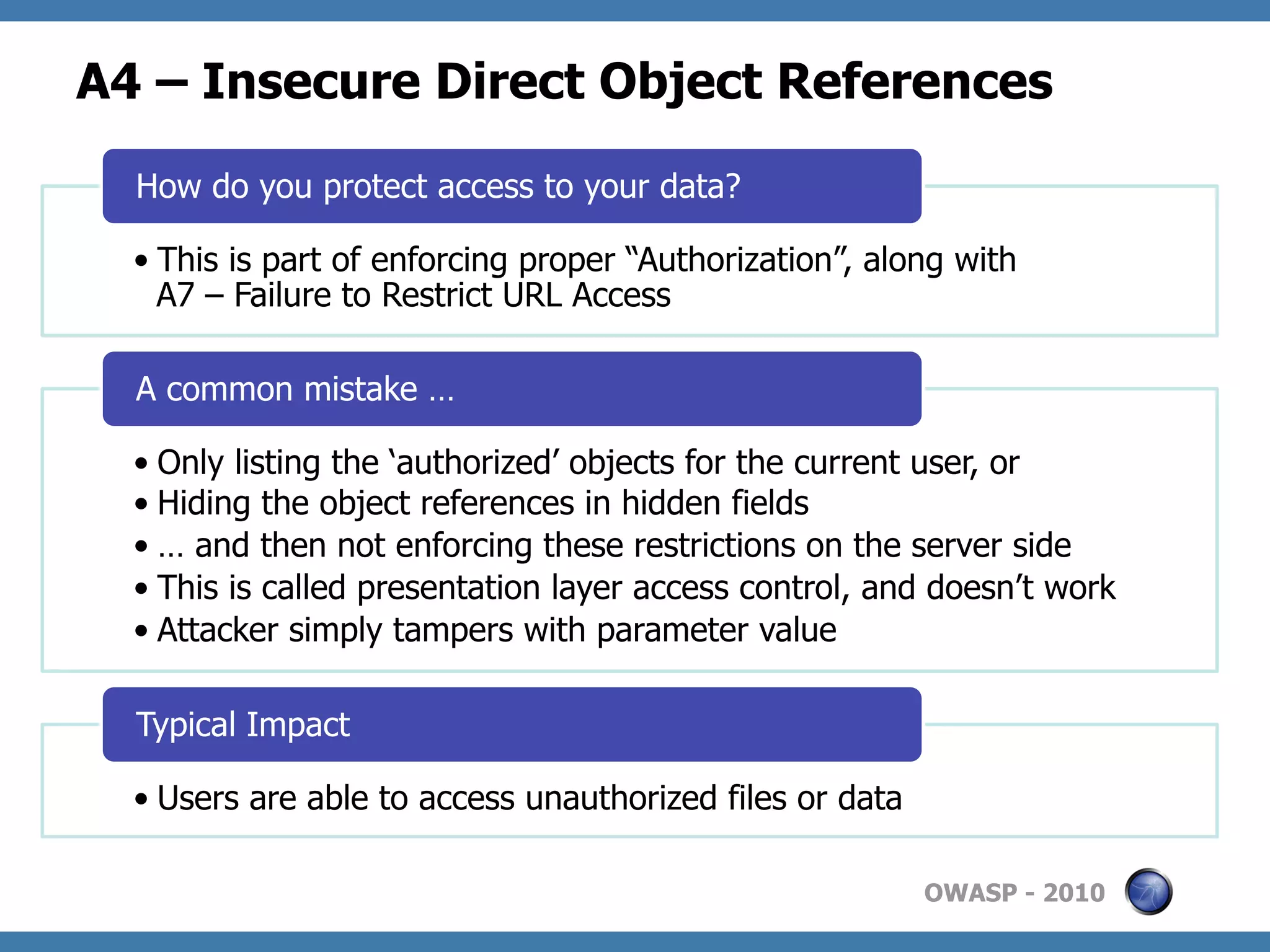 A4 – Insecure Direct Object References

  How do you protect access to your data?

  •  This is part of enforcing proper “Authorization”, along with
     A7 – Failure to Restrict URL Access

  A common mistake …

  •  Only listing the ‘authorized’ objects for the current user, or
  •  Hiding the object references in hidden fields
  •  … and then not enforcing these restrictions on the server side
  •  This is called presentation layer access control, and doesn’t work
  •  Attacker simply tampers with parameter value

  Typical Impact

  •  Users are able to access unauthorized files or data

                                                           OWASP - 2010
 