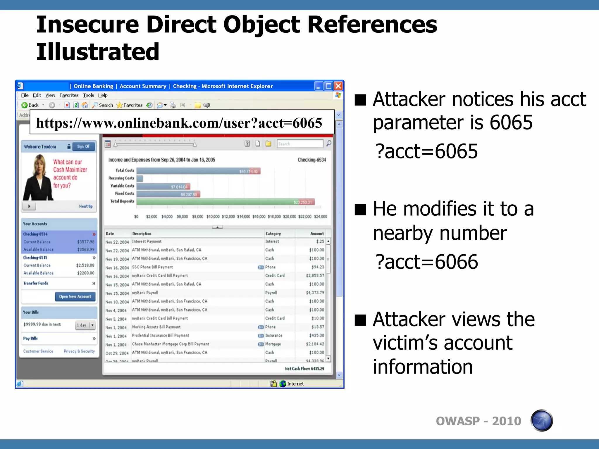 Insecure Direct Object References
Illustrated
                                             Attacker notices his acct
https://www.onlinebank.com/user?acct=6065     parameter is 6065
                                              ?acct=6065

                                             He modifies it to a
                                              nearby number
                                              ?acct=6066

                                             Attacker views the
                                              victim’s account
                                              information

                                                     OWASP - 2010
 