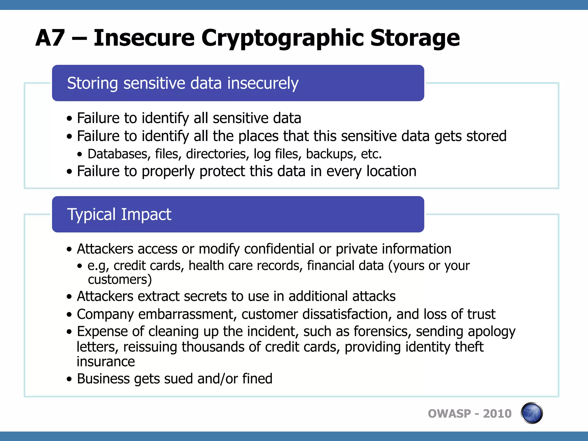 A7 – Insecure Cryptographic Storage
  Storing sensitive data insecurely

  •  Failure to identify all sensitive data
  •  Failure to identify all the places that this sensitive data gets stored
   •  Databases, files, directories, log files, backups, etc.
  •  Failure to properly protect this data in every location

  Typical Impact

  •  Attackers access or modify confidential or private information
   •  e.g, credit cards, health care records, financial data (yours or your
      customers)
  •  Attackers extract secrets to use in additional attacks
  •  Company embarrassment, customer dissatisfaction, and loss of trust
  •  Expense of cleaning up the incident, such as forensics, sending apology
     letters, reissuing thousands of credit cards, providing identity theft
     insurance
  •  Business gets sued and/or fined

                                                                   OWASP - 2010
 