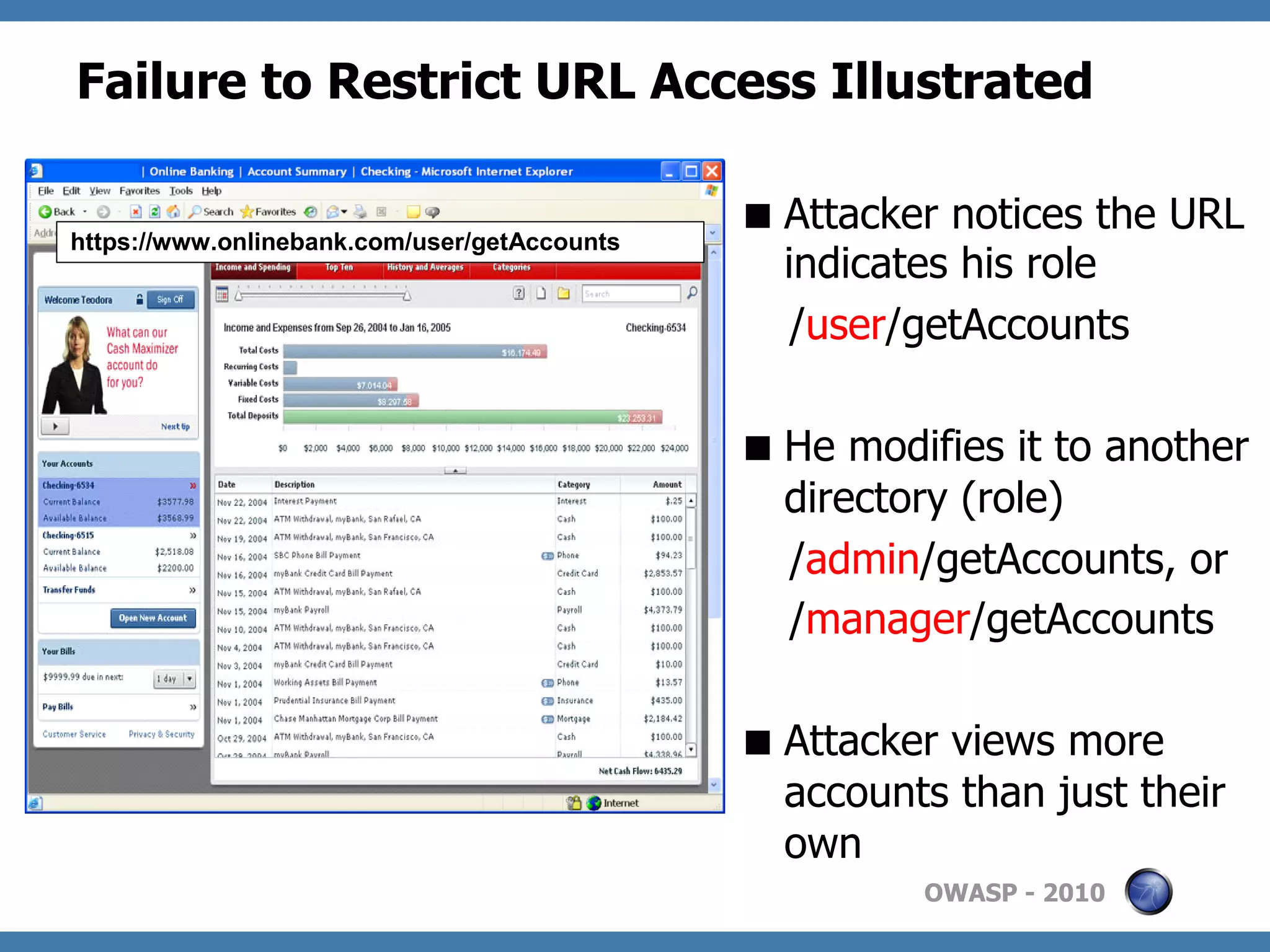 Failure to Restrict URL Access Illustrated

                                               Attacker notices the URL
https://www.onlinebank.com/user/getAccounts
                                                indicates his role
                                                 /user/getAccounts

                                               He modifies it to another
                                                directory (role)
                                                /admin/getAccounts, or
                                                /manager/getAccounts

                                               Attacker views more
                                                accounts than just their
                                                own
                                                       OWASP - 2010
 