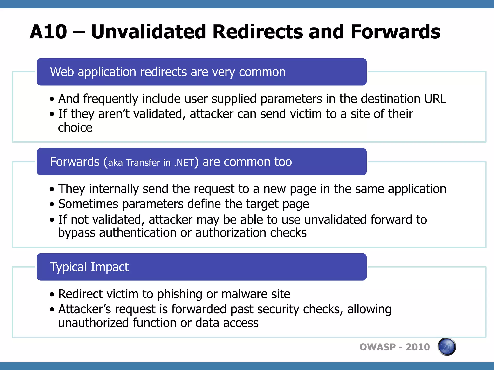 A10 – Unvalidated Redirects and Forwards
 Web application redirects are very common

 •  And frequently include user supplied parameters in the destination URL
 •  If they aren’t validated, attacker can send victim to a site of their
    choice

 Forwards (aka Transfer in .NET) are common too

 •  They internally send the request to a new page in the same application
 •  Sometimes parameters define the target page
 •  If not validated, attacker may be able to use unvalidated forward to
    bypass authentication or authorization checks

 Typical Impact

 •  Redirect victim to phishing or malware site
 •  Attacker’s request is forwarded past security checks, allowing
    unauthorized function or data access
                                                           OWASP - 2010
 