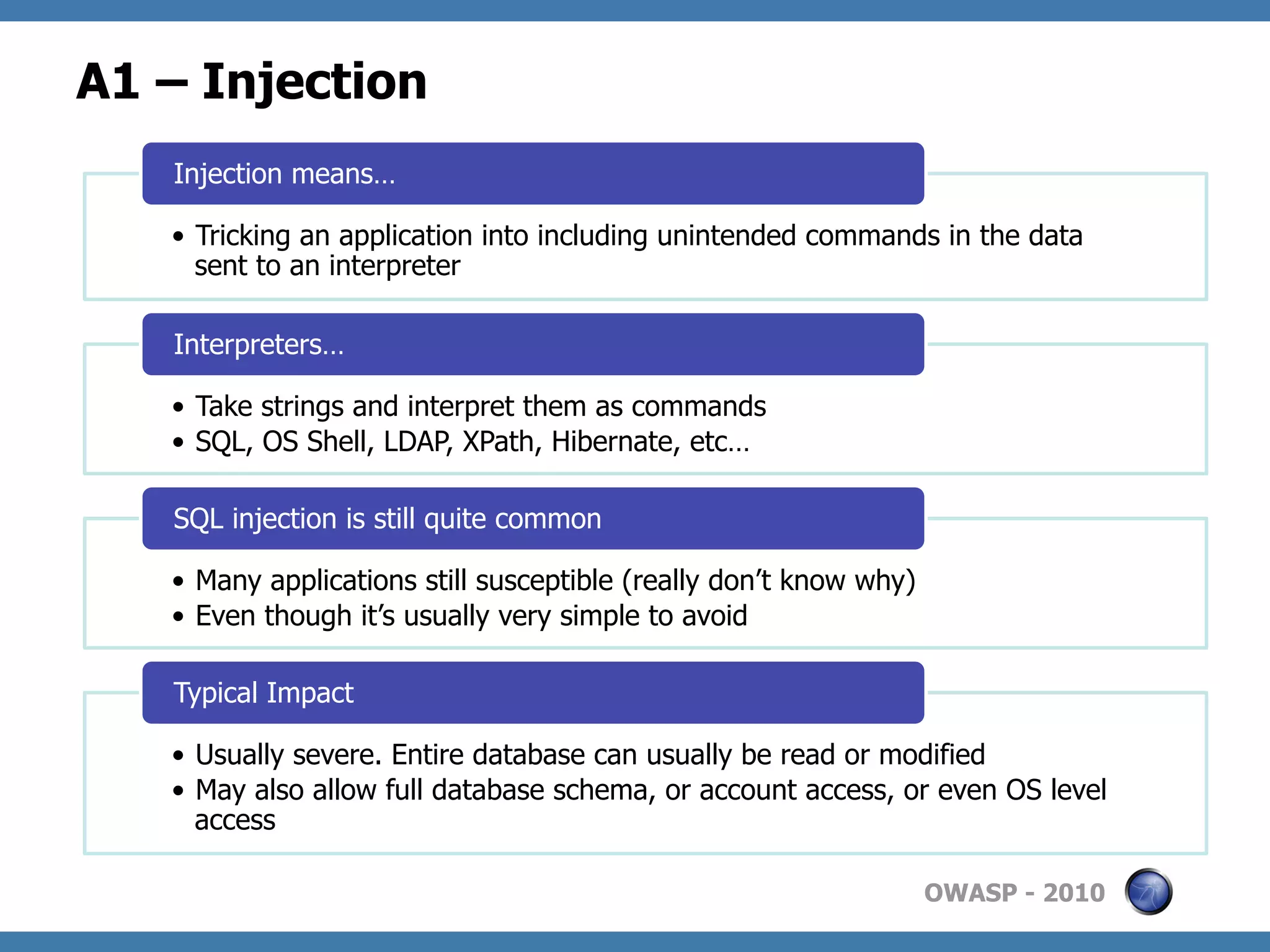 A1 – Injection
   Injection means…

   •  Tricking an application into including unintended commands in the data
      sent to an interpreter

   Interpreters…

   •  Take strings and interpret them as commands
   •  SQL, OS Shell, LDAP, XPath, Hibernate, etc…

   SQL injection is still quite common

   •  Many applications still susceptible (really don’t know why)
   •  Even though it’s usually very simple to avoid

   Typical Impact

   •  Usually severe. Entire database can usually be read or modified
   •  May also allow full database schema, or account access, or even OS level
      access

                                                                    OWASP - 2010
 