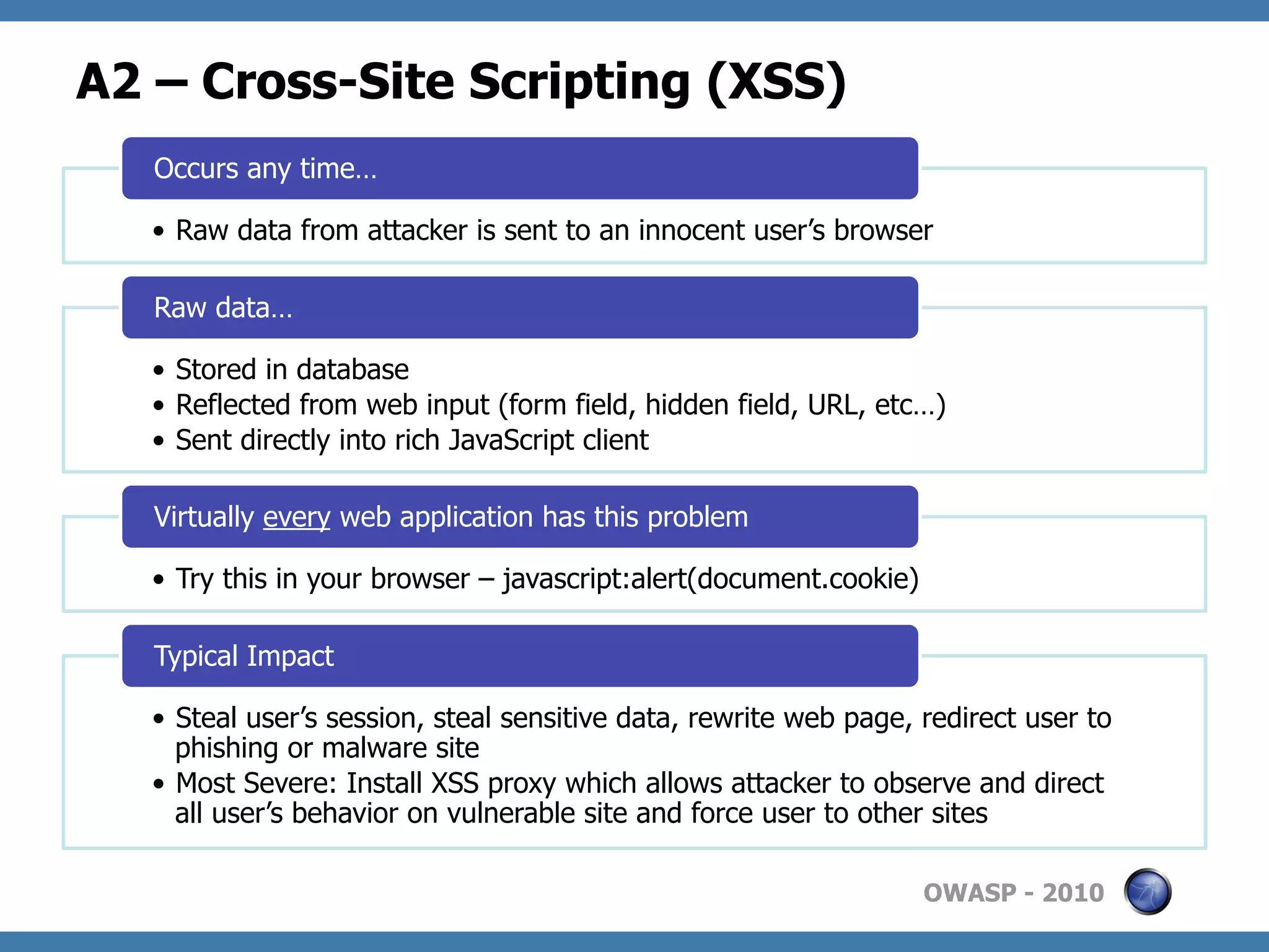 A2 – Cross-Site Scripting (XSS)
   Occurs any time…

   •  Raw data from attacker is sent to an innocent user’s browser

   Raw data…

   •  Stored in database
   •  Reflected from web input (form field, hidden field, URL, etc…)
   •  Sent directly into rich JavaScript client

   Virtually every web application has this problem

   •  Try this in your browser – javascript:alert(document.cookie)

   Typical Impact

   •  Steal user’s session, steal sensitive data, rewrite web page, redirect user to
      phishing or malware site
   •  Most Severe: Install XSS proxy which allows attacker to observe and direct
      all user’s behavior on vulnerable site and force user to other sites

                                                                     OWASP - 2010
 