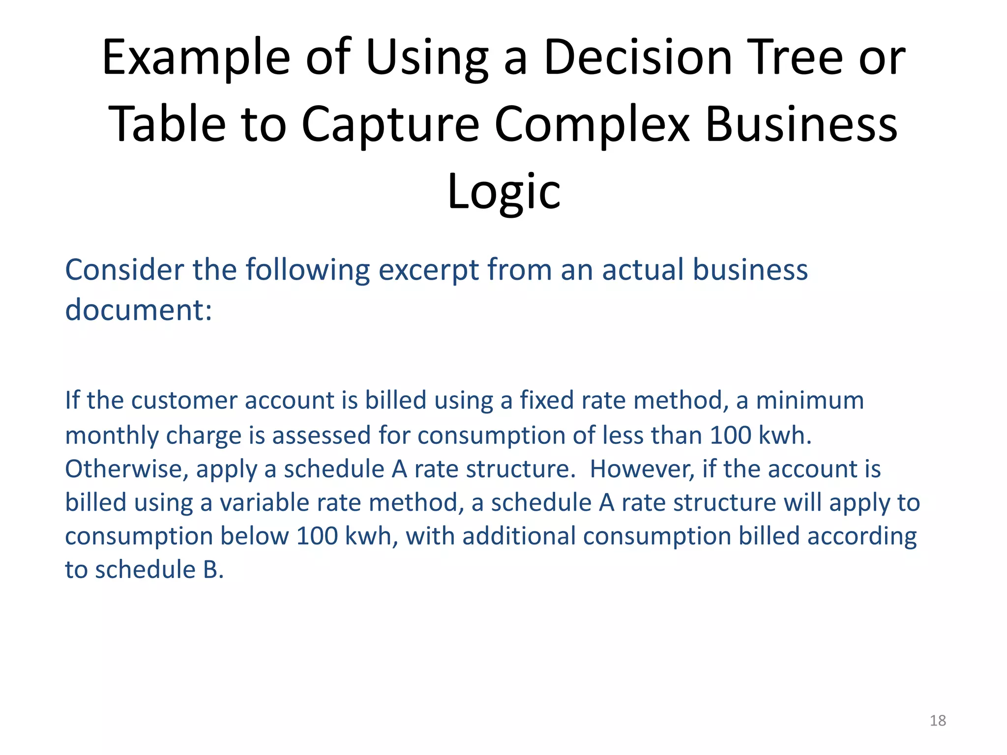 18
Example of Using a Decision Tree or
Table to Capture Complex Business
Logic
Consider the following excerpt from an actual business
document:
If the customer account is billed using a fixed rate method, a minimum
monthly charge is assessed for consumption of less than 100 kwh.
Otherwise, apply a schedule A rate structure. However, if the account is
billed using a variable rate method, a schedule A rate structure will apply to
consumption below 100 kwh, with additional consumption billed according
to schedule B.
 