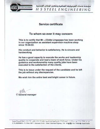 9 h s steels experience certificate