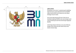 AREA AMAN LOGO
PANDUAN STANDARD LOGO - KEMENTERIAN BUMN REPUBLIK INDONESIA ©2020
1 X
2 X
2 X
2 X
AREA AMAN
Penyediaan area aman / ruang kosong di sekeliling
logo bertujuan supaya logo Kementerian BUMN
dapat tetap terlihat secara jelas dan utuh dalam
berbagai macam media.
Area aman logo berjarak 2X atau 2 kali ukuran
ketebalan logotype BUMN, atau sama dengan jarak
antara lambang Garuda Pancasila dengan logotype
BUMN.
Untuk logo dengan deskripsi, area aman dihitung
dengan jarak yang sama dari batas terluar dari
elemen-elemen logo.
 