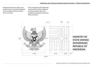 PROPORSI LOGO DENGAN DESKRIPSI BAHASA INGGRIS - FORMAT HORIZONTAL
PANDUAN STANDARD LOGO - KEMENTERIAN BUMN REPUBLIK INDONESIA ©2020
11,64
X
22,65 X
3,29 X
5,57 X
11,29 X
1 X
2 X
2 X 0,5 X
0,5 X
Penggunaan logo harus selalu sesuai
dengan Proporsi yang telah ditetapkan,
untuk menjaga konsistensi karakter
dan citra institusi.
yang tersedia dan tidak melakukan
perubahan proporsi logo untuk
menghindari penggunaan logo yang
tidak semestinya.
 