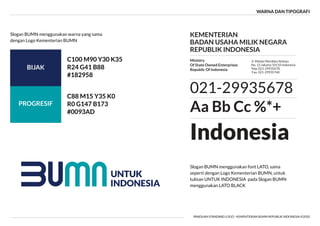PANDUAN STANDARD LOGO - KEMENTERIAN BUMN REPUBLIK INDONESIA ©2020
WARNA DAN TIPOGRAFI
Slogan BUMN menggunakan warna yang sama
dengan Logo Kementerian BUMN
Slogan BUMN menggunakan font LATO, sama
seperti dengan Logo Kementerian BUMN, untuk
tulisan UNTUK INDONESIA pada Slogan BUMN
menggunakan LATO BLACK
C100 M90 Y30 K35
R24 G41 B88
#182958
BIJAK
PROGRESIF
C88 M15 Y35 K0
R0 G147 B173
#0093AD
KEMENTERIAN
BADAN USAHA MILIK NEGARA
REPUBLIK INDONESIA
021-29935678
Aa Bb Cc %*+
Indonesia
Ministry
Of State Owned Enterprises
Republic Of Indonesia
Jl. Medan Merdeka Selatan
No. 13 Jakarta 10110 Indonesia
Telp. 021-29935678
Fax. 021-29935740
 
