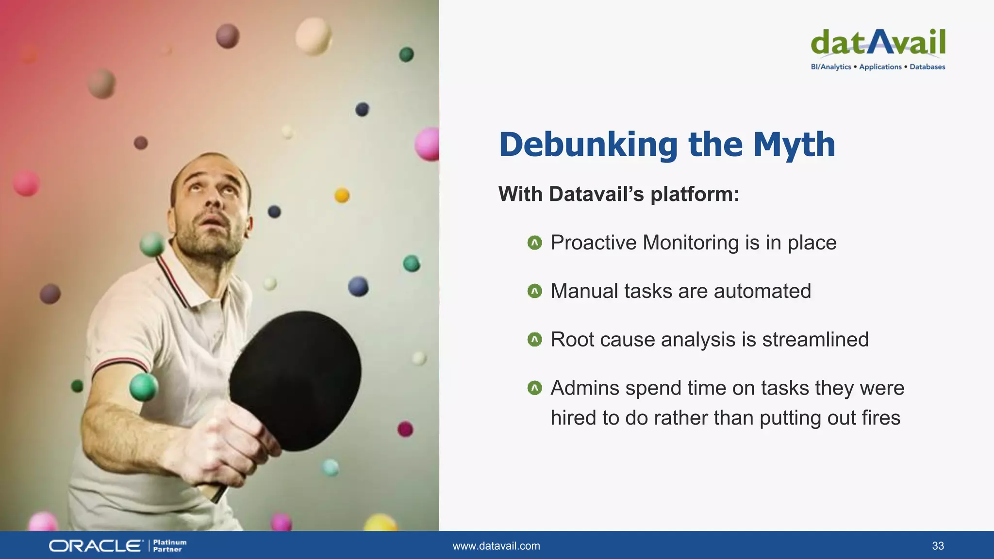 www.datavail.com 33
Debunking the Myth
With Datavail’s platform:
Proactive Monitoring is in place
Manual tasks are automated
Root cause analysis is streamlined
Admins spend time on tasks they were
hired to do rather than putting out fires
 