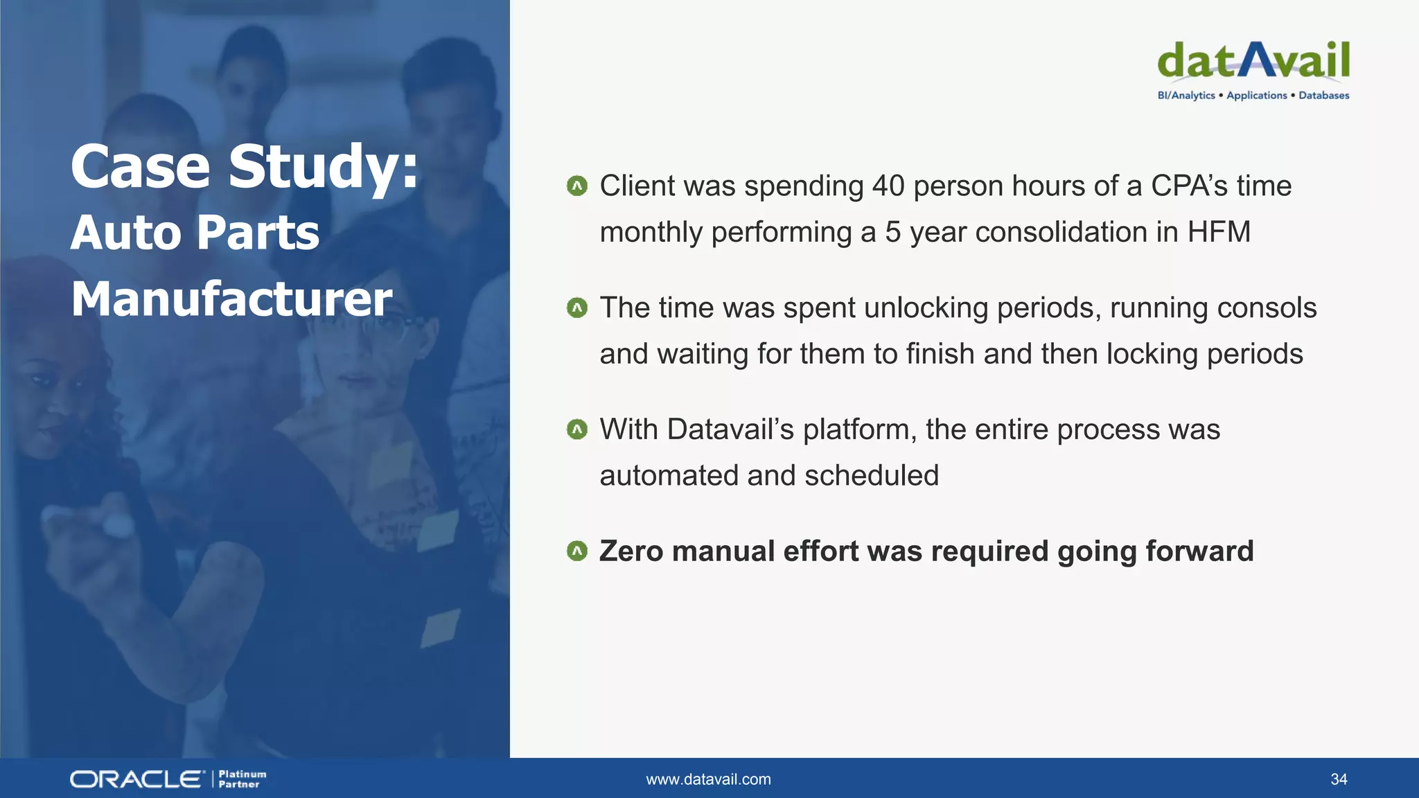 www.datavail.com 34
Case Study:
Auto Parts
Manufacturer
Client was spending 40 person hours of a CPA’s time
monthly performing a 5 year consolidation in HFM
The time was spent unlocking periods, running consols
and waiting for them to finish and then locking periods
With Datavail’s platform, the entire process was
automated and scheduled
Zero manual effort was required going forward
 