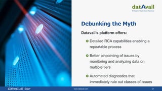 www.datavail.com 21
Debunking the Myth
Datavail’s platform offers:
Detailed RCA capabilities enabling a
repeatable process
Better pinpointing of issues by
monitoring and analyzing data on
multiple tiers
Automated diagnostics that
immediately rule out classes of issues
 