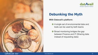 www.datavail.com 37
Debunking the Myth
With Datavail’s platform:
A single set of environmental data and
tools can be used by both teams
Broad monitoring bridges the gap
between Finance and IT (Sharing data
instead of requesting data)
 