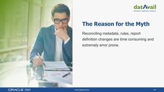 www.datavail.com 44
The Reason for the Myth
Reconciling metadata, rules, report
definition changes are time consuming and
extremely error prone.
 