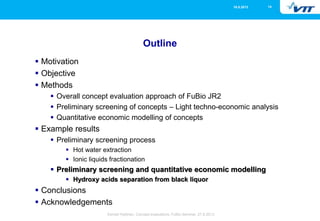 1416.5.2013
Eemeli Hytönen, Concept evaluations, FuBio Seminar, 27.8.2013
Outline
 Motivation
 Objective
 Methods
 Overall concept evaluation approach of FuBio JR2
 Preliminary screening of concepts – Light techno-economic analysis
 Quantitative economic modelling of concepts
 Example results
 Preliminary screening process
 Hot water extraction
 Ionic liquids fractionation
 Preliminary screening and quantitative economic modelling
 Hydroxy acids separation from black liquor
 Conclusions
 Acknowledgements
 