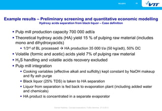 1516.5.2013
Eemeli Hytönen, Concept evaluations, FuBio Seminar, 27.8.2013
Example results – Preliminary screening and quantitative economic modelling
Hydroxy acids separation from black liquor – Case definition
 Pulp mill production capacity 700 000 adt/a
 Theoretical hydroxy acids (HA) yield 15 % of pulping raw material (includes
mono and dihydroxyacids)
 1/3rd of BL processed  HA production 35 000 t/a (50 kg/adt), 50% DC
 Volatile (formic and acetic) acids yield 7% of pulping raw material
 H2S handling and volatile acids recovery excluded
 Pulp mill integration
 Cooking variables (effective alkali and sulfidity) kept constant by NaOH makeup
and fly ash purge
 Black liquor (25% TDS) is taken to HA separation
 Liquor from separation is fed back to evaporation plant (including added water
and chemicals)
 HA product is concentrated in a separate evaporator
 