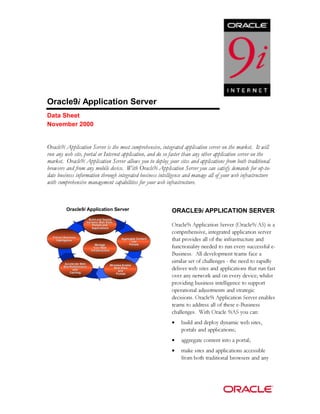 Oracle9i Application Server 
Data Sheet 
November 2000 
2UDFOHL$SSOLFDWLRQ6HUYHULVWKHPRVWFRPSUHKHQVLYHLQWHJUDWHGDSSOLFDWLRQVHUYHURQWKHPDUNHW,WZLOO 
UXQDQZHEVLWHSRUWDORU,QWHUQHWDSSOLFDWLRQDQGGRVRIDVWHUWKDQDQRWKHUDSSOLFDWLRQVHUYHURQWKH 
PDUNHW2UDFOHL$SSOLFDWLRQ6HUYHUDOORZVRXWRGHSORRXUVLWHVDQGDSSOLFDWLRQVIURPERWKWUDGLWLRQDO 
EURZVHUVDQGIURPDQPRELOHGHYLFH:LWK2UDFOHL$SSOLFDWLRQ6HUYHURXFDQVDWLVIGHPDQGVIRUXSWR 
GDWHEXVLQHVVLQIRUPDWLRQWKURXJKLQWHJUDWHGEXVLQHVVLQWHOOLJHQFHDQGPDQDJHDOORIRXUZHELQIUDVWUXFWXUH 
ZLWKFRPSUHKHQVLYHPDQDJHPHQWFDSDELOLWLHVIRURXUZHELQIUDVWUXFWXUH 
Oracle9i Application Server 
Build and Deploy 
Dynamic Web Sites, 
Portals and 
Applications 
Aggregate Content 
into 
Portals 
Extract Business 
Intelligence 
Accelerate Web 
Site Performance 
with 
Caching 
Wireless Enable 
Web Sites 
and 
Portals 
Manage 
Your Web 
Infrastructure 
ORACLE9i APPLICATION SERVER 
2UDFOHL$SSOLFDWLRQ6HUYHU2UDFOHL$6 