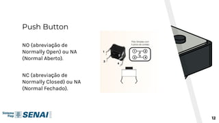 Push Button
12
NO (abreviação de
Normally Open) ou NA
(Normal Aberto).
NC (abreviação de
Normally Closed) ou NA
(Normal Fechado).
 
