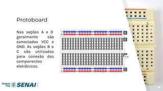 Protoboard
16
Nas seções A e D
geralmente são
conectados VCC e
GND. As seções B e
C são utilizadas
para conexão dos
componentes
eletrônicos.
 