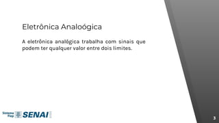 Eletrônica Analoógica
A eletrônica analógica trabalha com sinais que
podem ter qualquer valor entre dois limites.
3
 