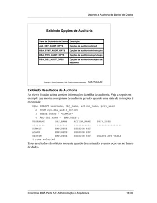 Usando a Auditoria de Banco de Dados
.....................................................................................................................................................




                          Exibindo Opções de Auditoria


                View de Dicionário de Dados Descrição

                ALL_DEF_AUDIT_OPTS                            Opções de auditoria default

                DBA_STMT_AUDIT_OPTS                           Opções de auditoria de instrução

                DBA_PRIV_AUDIT_OPTS                           Opções de auditoria de privilégio

                DBA_OBJ_AUDIT_OPTS                            Opções de auditoria de objeto de
                                                              esquema




                                                                                                        ®

                      Copyright  Oracle Corporation, 1999. Todos os direitos reservados.




Exibindo Resultados de Auditoria
As views listadas acima contêm informações da trilha de auditoria. Veja a seguir em
exemplo que mostra os registros de auditoria gerados quando uma série de instruções é
executada:
      SQL> SELECT username, obj_name, action_name, priv_used
          2     FROM sys.dba_audit_object
          3     WHERE owner = 'SUMMIT'
          4     AND obj_name = 'EMPLOYEE';
      USERNAME       OBJ_NAME                                        ACTION_NAME                 PRIV_USED
      --------       --------                                        -----------                 ----------------
      SUMMIT         EMPLOYEE                                        SESSION REC
      ADAMS          EMPLOYEE                                        SESSION REC
      SYSTEM         EMPLOYEE                                        SESSION REC                 DELETE ANY TABLE
      3 rows selected.
Esses resultados são obtidos somente quando determinados eventos ocorrem no banco
de dados.




.....................................................................................................................................................
Enterprise DBA Parte 1A: Administração e Arquitetura                                                                                       18-35
 