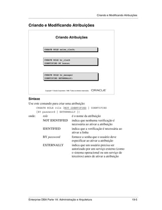 Criando e Modificando Atribuições
.....................................................................................................................................................


Criando e Modificando Atribuições


                                     Criando Atribuições


                     CREATE ROLE sales_clerk;
                     CREATE ROLE sales_clerk;



                     CREATE ROLE hr_clerk
                     IDENTIFIED BY bonus;




                     CREATE ROLE hr_manager
                     CREATE ROLE hr_manager
                     IDENTIFIED EXTERNALLY;
                     IDENTIFIED EXTERNALLY;



                                                                                                        ®

                      Copyright  Oracle Corporation, 1999. Todos os direitos reservados.




Sintaxe
Use este comando para criar uma atribuição:
          CREATE ROLE role [NOT IDENTIFIED | IDENTIFIED
          {BY password | EXTERNALLY }]
onde:              role                                       é o nome da atribuição
                   NOT IDENTIFIED                             indica que nenhuma verificação é
                                                              necessária ao ativar a atribuição
                   IDENTIFIED                                 indica que a verificação é necessária ao
                                                              ativar a linha
                   BY password                                fornece a senha que o usuário deve
                                                              especificar ao ativar a atribuição
                   EXTERNALLY                                 indica que um usuário precisa ser
                                                              autorizado por um serviço externo (como
                                                              o sistema operacional ou um serviço de
                                                              terceiros) antes de ativar a atribuição




.....................................................................................................................................................
Enterprise DBA Parte 1A: Administração e Arquitetura                                                                                         19-5
 