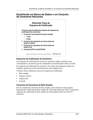 Escolhendo um Banco de Dados e um Conjunto de Caracteres Nacionais
.....................................................................................................................................................


Escolhendo um Banco de Dados e um Conjunto
de Caracteres Nacionais

                                 Diferentes Tipos de
                               Esquema de Codificação

            A Oracle suporta diferentes classes de esquema de
            codificação de caracteres:
            •    Conjuntos de caracteres de byte simples
                  – 7-bits
                  – 8-bits
            •    Conjunto de caracteres de vários bytes de
                 largura variável
            •    Conjunto de caracteres de vários bytes de
                 largura fixa
            •    Unicode (UTF8, AL24UTFFSS)

                                                                                                        ®

                      Copyright  Oracle Corporation, 1999. Todos os direitos reservados.




Esquemas de Codificação de Caracteres
Um esquema de codificação de caracteres especifica códigos numéricos que
correspondem a caracteres que um computador ou terminal pode exibir e receber.
Os esquemas de codificação de caracteres são usados para interpretar dados em
símbolos significativos de um terminal para uma máquina host.
A Oracle oferece diferentes classes de esquema de codificação:
• Byte simples
• Largura variável
• Largura fixa
• Unicode

Conjuntos de Caracteres de Byte Simples
Em um conjunto de caracteres de byte simples, cada caractere ocupa um byte.
Esquemas de codificação de byte simples de 7 bits pode definir até 128 (27) caracteres;
esquemas de codificação de byte simples de 8 bits podem definir até 256 (28)
caracteres.




.....................................................................................................................................................
Enterprise DBA Parte 1A: Administração e Arquitetura                                                                                         20-5
 