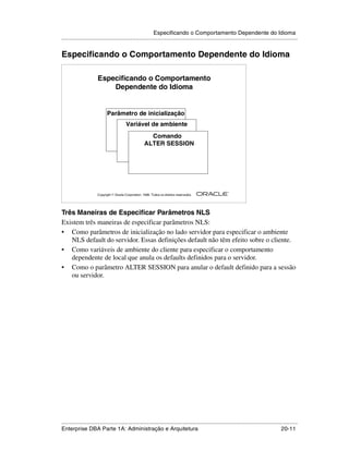 Especificando o Comportamento Dependente do Idioma
.....................................................................................................................................................


Especificando o Comportamento Dependente do Idioma

                      Especificando o Comportamento
                          Dependente do Idioma


                            Parâmetro de inicialização
                                          Variável de ambiente
                                                         Comando
                                                       ALTER SESSION




                                                                                                        ®

                      Copyright  Oracle Corporation, 1999. Todos os direitos reservados.




Três Maneiras de Especificar Parâmetros NLS
Existem três maneiras de especificar parâmetros NLS:
• Como parâmetros de inicialização no lado servidor para especificar o ambiente
   NLS default do servidor. Essas definições default não têm efeito sobre o cliente.
• Como variáveis de ambiente do cliente para especificar o comportamento
   dependente de local que anula os defaults definidos para o servidor.
• Como o parâmetro ALTER SESSION para anular o default definido para a sessão
   ou servidor.




.....................................................................................................................................................
Enterprise DBA Parte 1A: Administração e Arquitetura                                                                                       20-11
 