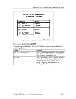 Especificando o Comportamento Dependente do Idioma
.....................................................................................................................................................




                           Valores Default Dependentes
                              de Idioma e Território


             PARÂMETRO                                        VALORES

             NLS_LANGUAGE                                     AMERICAN
                 NLS_DATE_LANGUAGE                                   AMERICAN
                 NLS_SORT                                           BINARY

             NLS_TERRITORY                                    AMERICA
                 NLS_CURRENCY                                      $
                 NLS_ISO_CURRENCY                                  AMERICA
                 NLS_DATE_FORMAT                                   DD-MON-YY
                 NLS_NUMERIC_CHARACTERS                            ,.



                                                                                                        ®

                      Copyright  Oracle Corporation, 1999. Todos os direitos reservados.




Parâmetros de Inicialização NLS
O parâmetro de inicialização NLS_LANGUAGE determina os valores default dos
seguintes parâmetros:
Coluna                                                                 Descrição
NLS_DATE_LANGUAGE                                                      Altera explicitamente o idioma dos nomes de dia e
                                                                       mês, valores abreviados e por extenso além de
                                                                       outros elementos de formato de data.
NLS_SORT                                                               Altera a seqüência de classificação lingüística que o
                                                                       servidor Oracle utiliza para classificar valores de
                                                                       caracteres.(O valor de classificação deve ser
                                                                       BINARY ou o nome de uma seqüência de
                                                                       classificação lingüística).




.....................................................................................................................................................
Enterprise DBA Parte 1A: Administração e Arquitetura                                                                                       20-13
 