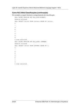 Lição 20: Usando Suporte a Idioma Nacional (National Language Support - NLS)
.....................................................................................................................................................

Como NLS Afeta Classificações (continuação)
Os exemplos a seguir ilustram o comportamento de classificação:
      SQL> ALTER SESSION SET NLS_SORT=BINARY;
      Session altered.
      SQL> SELECT letter FROM letters ORDER BY letter;
      L
      -
      a
      b
      c
      z
      ü
      ä
      6 rows selected.
      SQL> ALTER SESSION SET NLS_SORT= GERMAN;
      Session altered.
      SQL> SELECT letter FROM LETTERS ORDER BY 1;
      L
      -
      ä
      ü
      a
      b
      c
      z
      6 rows selected.




.....................................................................................................................................................
20-20                                                         Enterprise DBA Parte 1A: Administração e Arquitetura
 