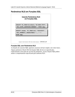 Lição 20: Usando Suporte a Idioma Nacional (National Language Support - NLS)
.....................................................................................................................................................


Parâmetros NLS em Funções SQL

                                Usando Parâmetros NLS
                                   em Funções SQL


              SELECT TO_CHAR(hiredate,’DD.MON.YYYY’,
              SELECT TO_CHAR(hiredate,’DD.MON.YYYY’,
              ‘NLS_DATE_LANGUAGE=GERMAN’) FROM emp;
              ‘NLS_DATE_LANGUAGE=GERMAN’) FROM emp;

              SELECT ename, TO_CHAR(sal,’9G999D99’,
              SELECT ename, TO_CHAR(sal,’9G999D99’,
              ‘NLS_NUMERIC_CHARACTERS=‘‘,.’’’)
              ‘NLS_NUMERIC_CHARACTERS=‘‘,.’’’)
              FROM emp;
              FROM emp;



                                                                                                         ®

                      Copyright  Oracle Corporation, 1999. Todos os direitos reservados.




Funções SQL com Parâmetros NLS
As funções de caractere SQL suportam caracteres de byte simples e de vários bytes.
Alguns parâmetros Oracle NLS de funções SQL devem ser especificados
explicitamente como parte de sua lista de parâmetros. Assim, funções SQL podem
anular o comportamento especificado pelo ambiente NLS.




.....................................................................................................................................................
20-22                                                         Enterprise DBA Parte 1A: Administração e Arquitetura
 