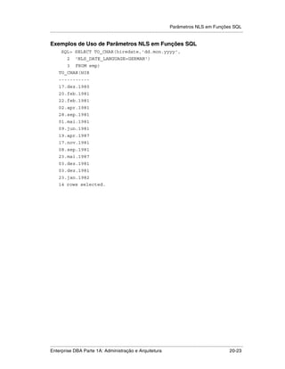 Parâmetros NLS em Funções SQL
.....................................................................................................................................................

Exemplos de Uso de Parâmetros NLS em Funções SQL
        SQL> SELECT TO_CHAR(hiredate,'dd.mon.yyyy',
            2      'NLS_DATE_LANGUAGE=GERMAN')
            3      FROM emp)
      TO_CHAR(HIR
      -----------
      17.dez.1980
      20.feb.1981
      22.feb.1981
      02.apr.1981
      28.sep.1981
      01.mai.1981
      09.jun.1981
      19.apr.1987
      17.nov.1981
      08.sep.1981
      23.mai.1987
      03.dez.1981
      03.dez.1981
      23.jan.1982
      14 rows selected.




.....................................................................................................................................................
Enterprise DBA Parte 1A: Administração e Arquitetura                                                                                       20-23
 