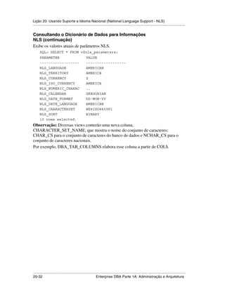 Lição 20: Usando Suporte a Idioma Nacional (National Language Support - NLS)
.....................................................................................................................................................

Consultando o Dicionário de Dados para Informações
NLS (continuação)
Exibe os valores atuais de parâmetros NLS.
      SQL> SELECT * FROM v$nls_parameters;
      PARAMETER                                     VALUE
      ------------------                            ------------------
      NLS_LANGUAGE                                  AMERICAN
      NLS_TERRITORY                                 AMERICA
      NLS_CURRENCY                                  $
      NLS_ISO_CURRENCY                              AMERICA
      NLS_NUMERIC_CHARAC                            .,
      NLS_CALENDAR                                  GREGORIAN
      NLS_DATE_FORMAT                               DD-MON-YY
      NLS_DATE_LANGUAGE                             AMERICAN
      NLS_CHARACTERSET                              WE8ISO8859P1
      NLS_SORT                                      BINARY
      10 rows selected.
Observação: Diversas views conterão uma nova coluna,
CHARACTER_SET_NAME, que mostra o nome do conjunto de caracteres:
CHAR_CS para o conjunto de caracteres do banco de dados e NCHAR_CS para o
conjunto de caracteres nacionais.
Por exemplo, DBA_TAB_COLUMNS elabora esse coluna a partir de COL$.




.....................................................................................................................................................
20-32                                                         Enterprise DBA Parte 1A: Administração e Arquitetura
 