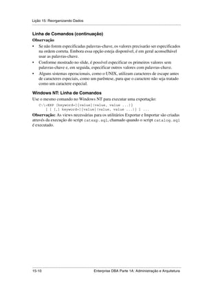 Lição 15: Reorganizando Dados
.....................................................................................................................................................

Linha de Comandos (continuação)
Observação
• Se não forem especificadas palavras-chave, os valores precisarão ser especificados
   na ordem correta. Embora essa opção esteja disponível, é em geral aconselhável
   usar as palavras-chave.
• Conforme mostrado no slide, é possível especificar os primeiros valores sem
   palavras-chave e, em seguida, especificar outros valores com palavras-chave.
• Alguns sistemas operacionais, como o UNIX, utilizam caracteres de escape antes
   de caracteres especiais, como um parêntese, para que o caractere não seja tratado
   como um caractere especial.

Windows NT: Linha de Comandos
Use o mesmo comando no Windows NT para executar uma exportação:
      C:>EXP [keyword=]{value|(value, value ...)}
         [ [ [,] keyword=]{value|(value, value ...)} ] ...
Observação: As views necessárias para os utilitários Exportar e Importar são criadas
através da execução do script catexp.sql, chamado quando o script catalog.sql
é executado.




.....................................................................................................................................................
15-10                                                         Enterprise DBA Parte 1A: Administração e Arquitetura
 