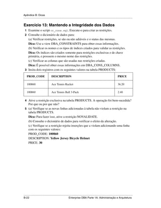 Apêndice B: Dicas
.....................................................................................................................................................


Exercício 13: Mantendo a Integridade dos Dados
 1 Examine o script cr_cons.sql. Execute-o para criar as restrições.
 2 Consulte o dicionário de dados para:
   (a) Verificar restrições, se são ou não adiáveis e o status das mesmas.
   Dica: Use a view DBA_CONSTRAINTS para obter essas informações.
   (b) Verificar os nomes e os tipos de índices criados para validar as restrições.
   Dica: Os índices são criados somente para restrições exclusivas e de chave
   primária, e possuem o mesmo nome das restrições.
   (c) Verificar as colunas que são usadas nas restrições criadas.
   Dica: É possível obter essas informações em DBA_CONS_COLUMNS.
 3 Insira dois registros com os seguintes valores na tabela PRODUCTS:

    PROD_CODE                         DESCRIPTION                                                                                PRICE

    100860                            Ace Tennis Racket                                                                          36.20

    100860                            Ace Tennis Ball 3-Pack                                                                     2.40

 4 Ative a restrição exclusiva na tabela PRODUCTS. A operação foi bem-sucedida?
   Por que ou por que não?
 5 (a) Verifique se as novas linhas adicionadas à tabela não violam a restrição na
   tabela PRODUCTS.
   Dica: Para fazer isso, ative a restrição NOVALIDATE.
   (b) Consulte o dicionário de dados para verificar o efeito da alteração.
   (c) Verifique se a restrição rejeita inserções que a violam adicionando uma linha
   com os seguintes valores:
   PROD_CODE: 100860
   DESCRIPTION: Yellow Jersey Bicycle Helmet
   PRICE: 30




.....................................................................................................................................................
B-22                                                         Enterprise DBA Parte 1A: Administração e Arquitetura
 