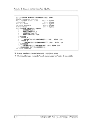 Apêndice C: Soluções dos Exercícios Para SQL*Plus
.....................................................................................................................................................

.




     SQL> STARTUP NOMOUNT PFILE=initdb01.ora;
     ORACLE instance started.
     Total System Global Area    6315408 bytes
     Fixed Size                    64912 bytes
     Variable Size               5308416 bytes
     Database Buffers             409600 bytes
     Redo Buffers                 532480 bytes
     SQL> CREATE DATABASE "DB01"
       2     MAXLOGFILES 5
       3     MAXLOGMEMBERS 5
       4     MAXDATAFILES 30
       5     MAXLOGHISTORY 100
       6 LOGFILE
       7   GROUP 1
       8     '$HOME/DATA/DISK6/redo0101.log' SIZE 150K,
       9   GROUP 2
       10     '$HOME/DATA/DISK6/redo0201.log' SIZE 150K
       11 DATAFILE
       12   '$HOME/DATA/DISK4/system01.dbf' SIZE 20M
       13 CHARACTER SET WE8ISO8859P1;
     Database created.


    3 Ative o spool para encontrar os erros e execute o script.
    4 (Opcional) Inclua o comando "spool <nome_arquivo>" antes de executá-lo.




.....................................................................................................................................................
C-18                                                         Enterprise DBA Parte 1A: Administração e Arquitetura
 