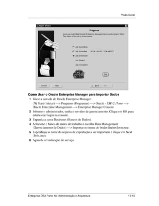 Visão Geral
.....................................................................................................................................................




Como Usar o Oracle Enterprise Manager para Importar Dados
 1 Inicie a console do Oracle Enterprise Manager:
   (N) Start (Iniciar) —> Programs (Programas) —> Oracle - EMV2 Home —>
   Oracle Enterprise Management —> Enterprise Manager Console
 2 Informe o administrador, senha e servidor de gerenciamento. Clique em OK para
   estabelecer login na console.
 3 Expanda a pasta Databases (Bancos de Dados).
 4 Selecione o banco de dados de trabalho e escolha Data Management
   (Gerenciamento de Dados) —> Importar no menu do botão direito do mouse.
 5 Especifique o nome do arquivo de exportação a ser importado e clique em Next
   (Próximo).
 6 Aguarde a finalização do serviço.




.....................................................................................................................................................
Enterprise DBA Parte 1A: Administração e Arquitetura                                                                                       15-15
 