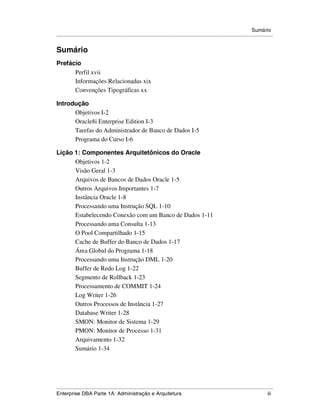 Sumário
.....................................................................................................................................................


Sumário
Prefácio
      Perfil xvii
      Informações Relacionadas xix
      Convenções Tipográficas xx

Introdução
      Objetivos I-2
      Oracle8i Enterprise Edition I-3
      Tarefas do Administrador de Banco de Dados I-5
      Programa do Curso I-6

Lição 1: Componentes Arquitetônicos do Oracle
      Objetivos 1-2
      Visão Geral 1-3
      Arquivos de Bancos de Dados Oracle 1-5
      Outros Arquivos Importantes 1-7
      Instância Oracle 1-8
      Processando uma Instrução SQL 1-10
      Estabelecendo Conexão com um Banco de Dados 1-11
      Processando uma Consulta 1-13
      O Pool Compartilhado 1-15
      Cache de Buffer do Banco de Dados 1-17
      Área Global do Programa 1-18
      Processando uma Instrução DML 1-20
      Buffer de Redo Log 1-22
      Segmento de Rollback 1-23
      Processamento de COMMIT 1-24
      Log Writer 1-26
      Outros Processos de Instância 1-27
      Database Writer 1-28
      SMON: Monitor de Sistema 1-29
      PMON: Monitor de Processo 1-31
      Arquivamento 1-32
      Sumário 1-34




.....................................................................................................................................................
Enterprise DBA Parte 1A: Administração e Arquitetura                                                                                             iii
 